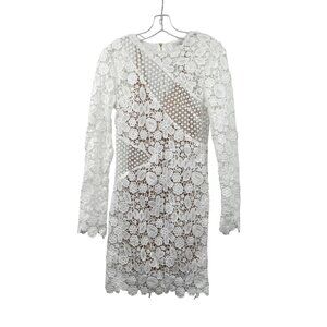 Selfie Leslie Two Piece Sheath Dress Lace Overlay Long Sleeve White/Nude M